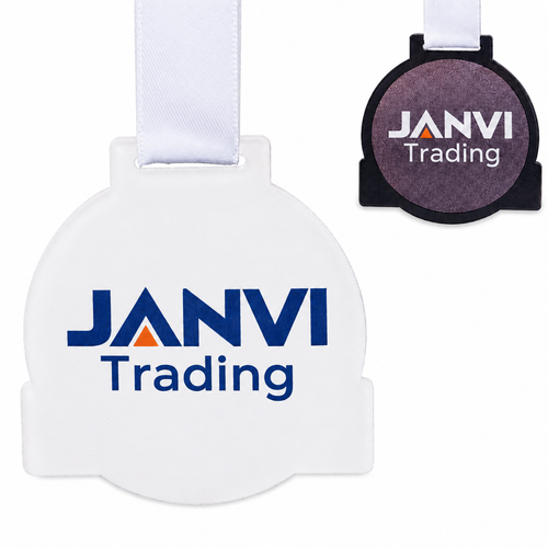 Custom printed round medal with JANVI Trading design and white ribbon