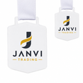 Shield-shaped custom printed medal with ribbon and JANVI Trading design