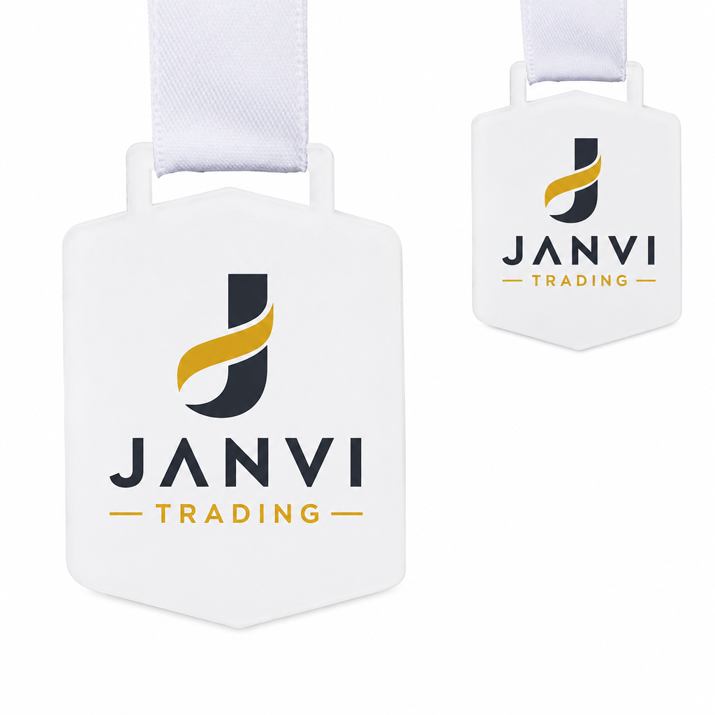 Shield-shaped custom printed medal with ribbon and JANVI Trading design
