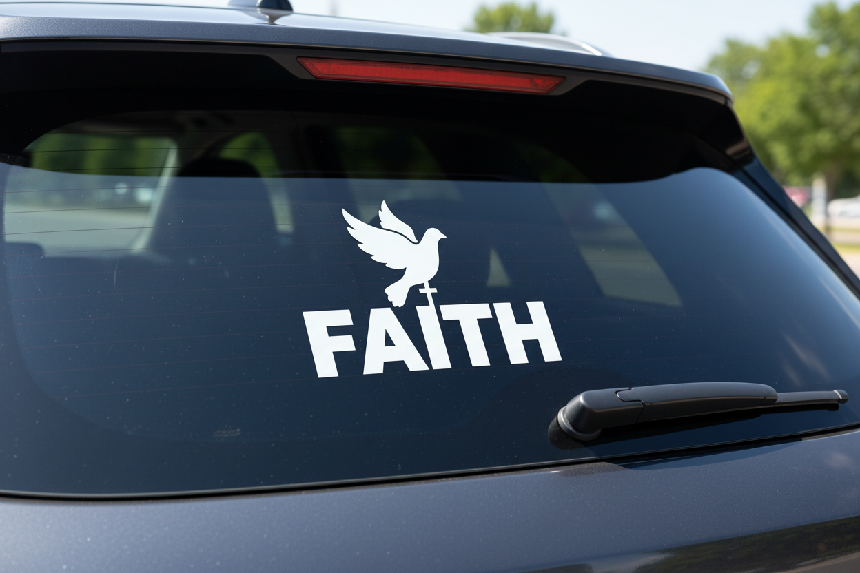 Faith dove white vinyl sticker decal on car rear window mockup