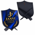 Shield-shaped standing trophy with JANVI Trading print, front and rear views