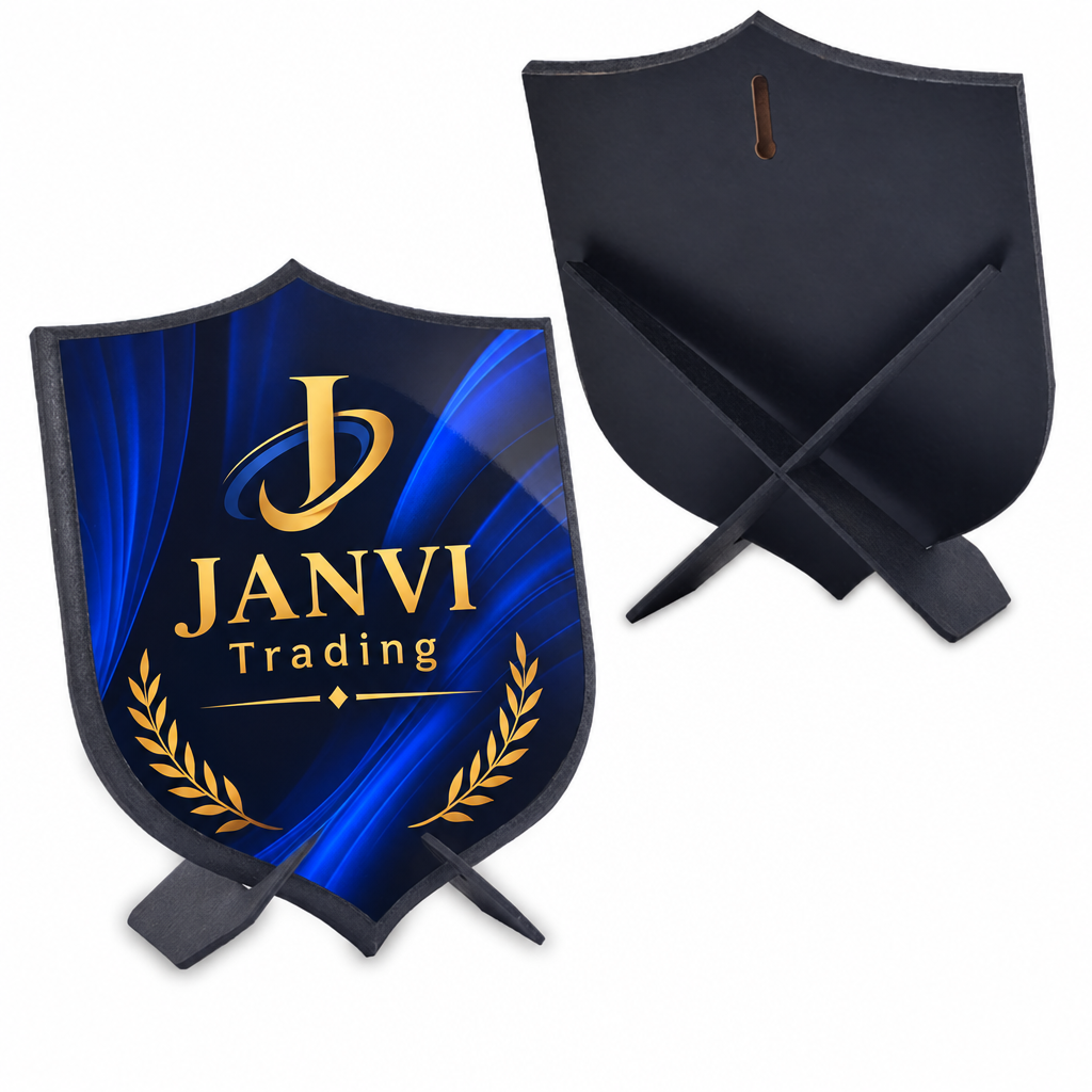 Shield-shaped standing trophy with JANVI Trading print, front and rear views