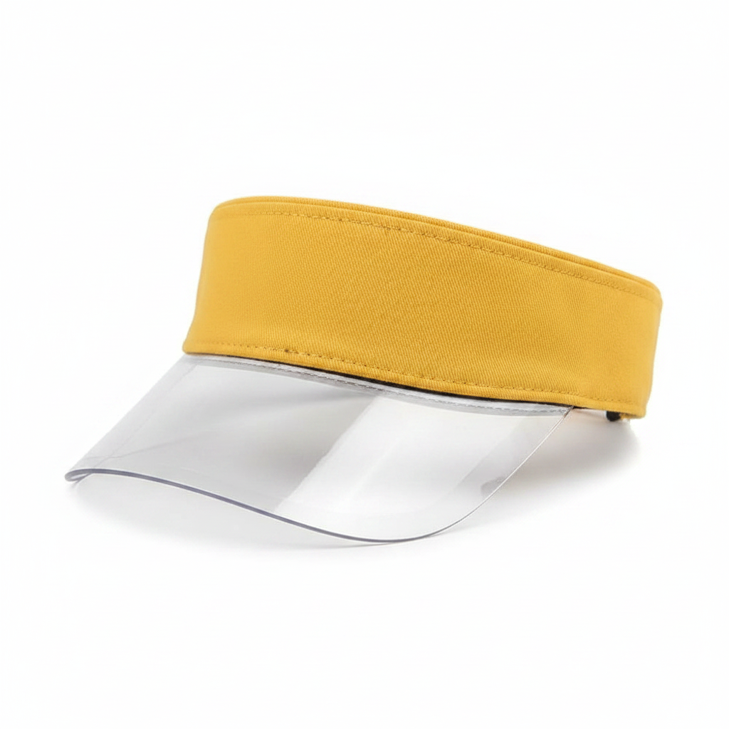Yellow flat-top visor cap with clear PVC brim on white background