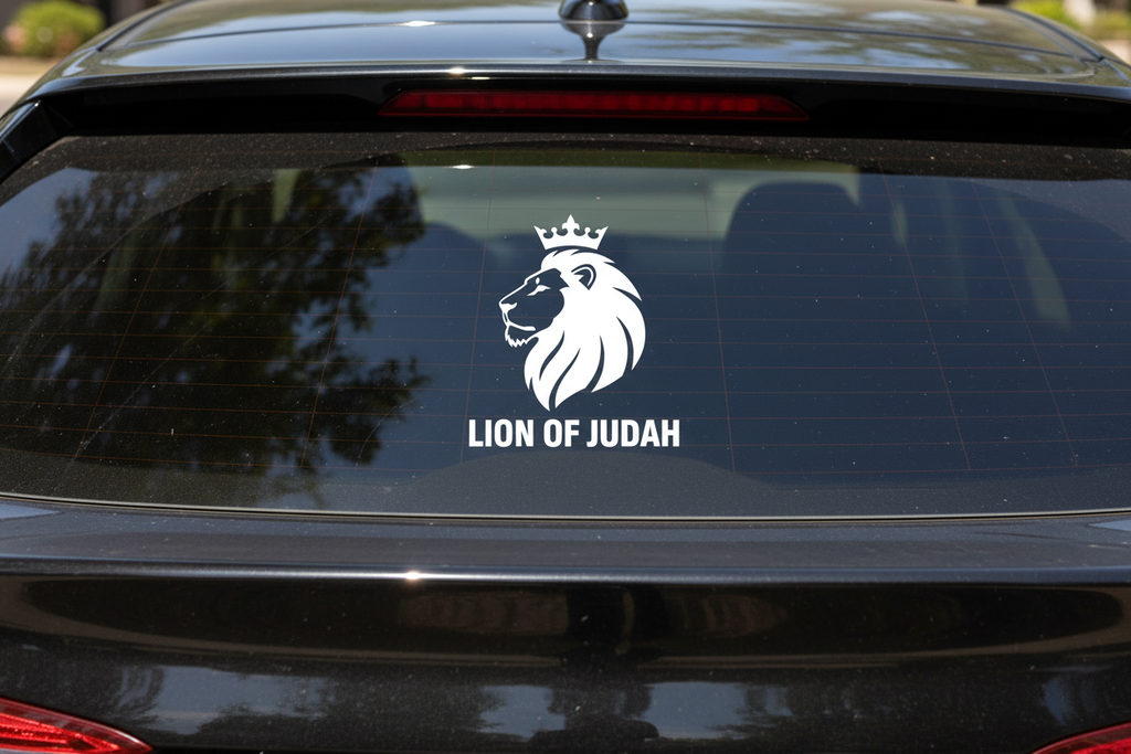 Lion of Judah white vinyl sticker decal on car rear window mockup