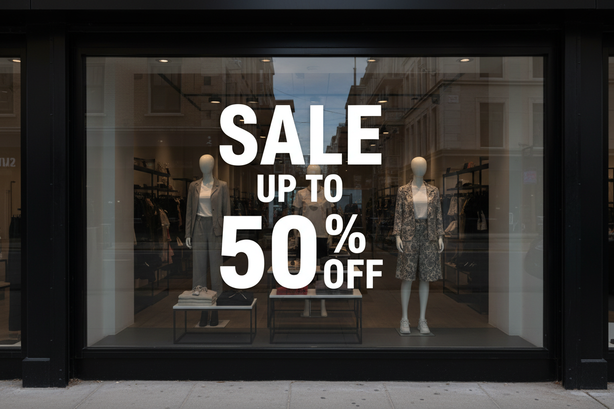 Sale 50% off white vinyl sticker decal on shop window mockup