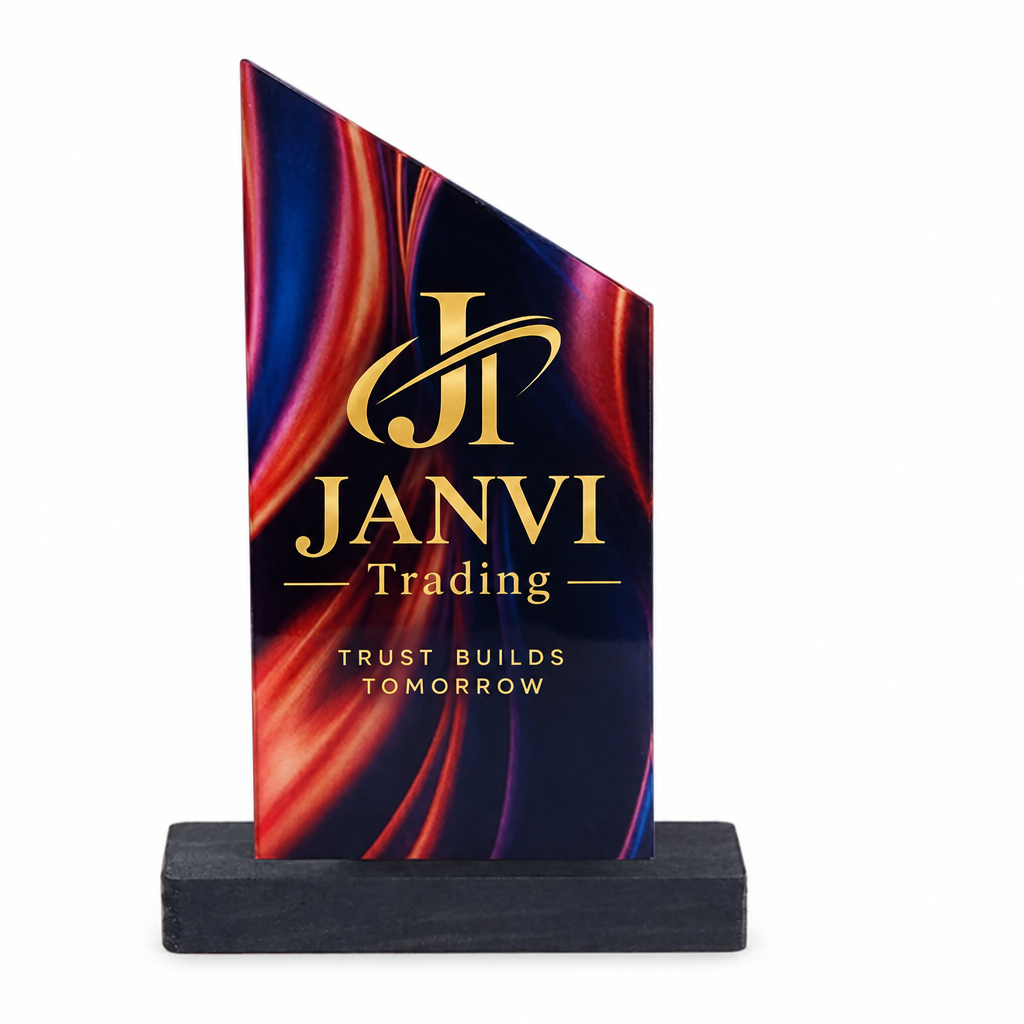 Slanted top trophy with black base and JANVI Trading print