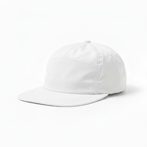 5 panel white nylon cap on white background