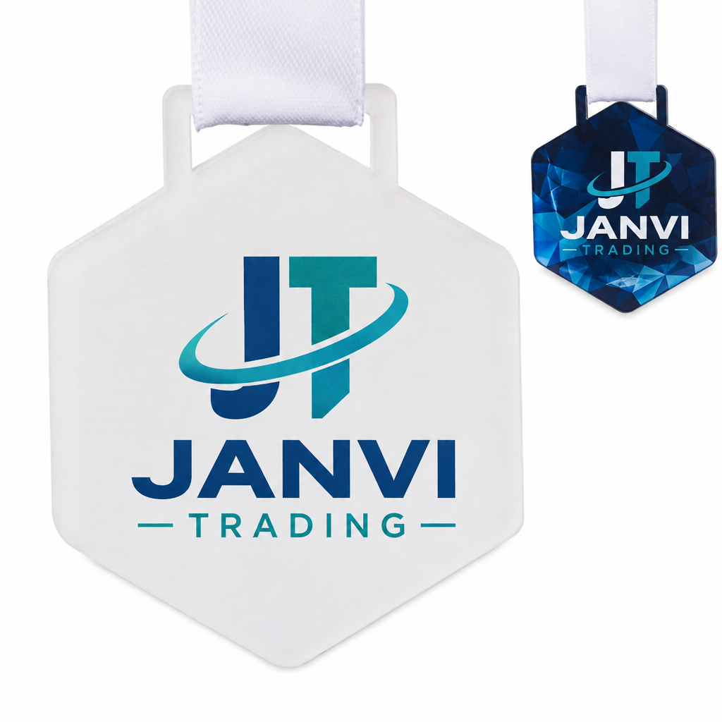 Hexagonal medal with ribbon and JANVI Trading custom print