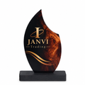 Flame-shaped trophy with dark base and JANVI Trading print