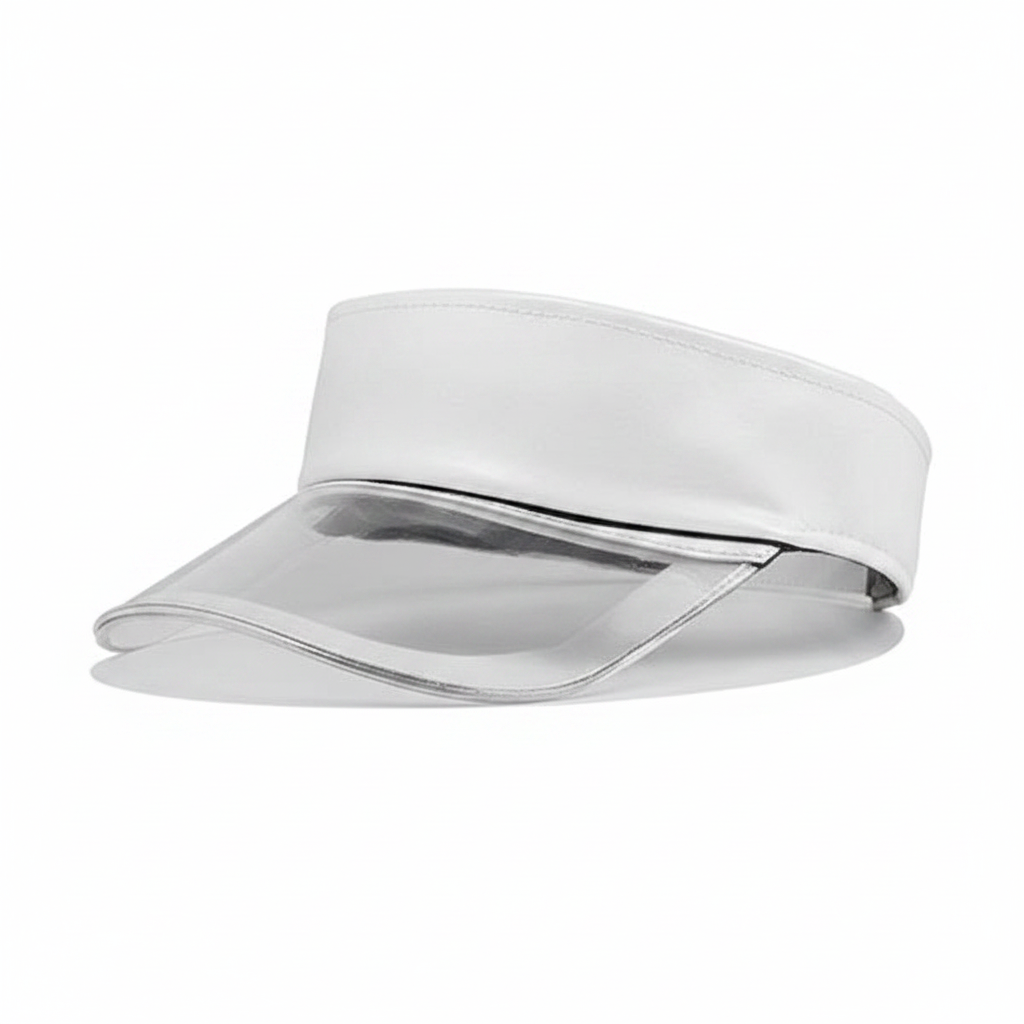 White metallic flat-top visor cap with clear PVC brim on white background