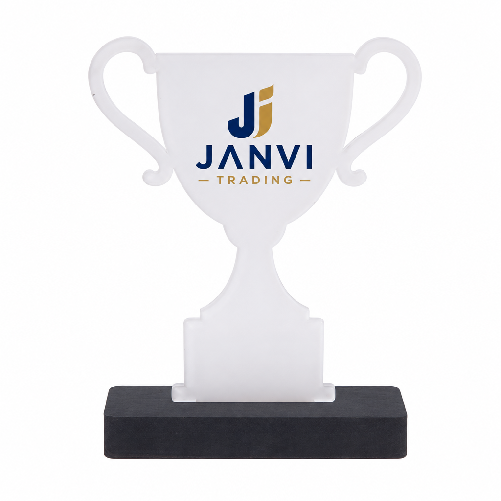 White two-handle trophy on black base with JANVI Trading print